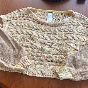 Free People Pale Yellow Cable Knit Crew Sweater with Multicolor Speckles
